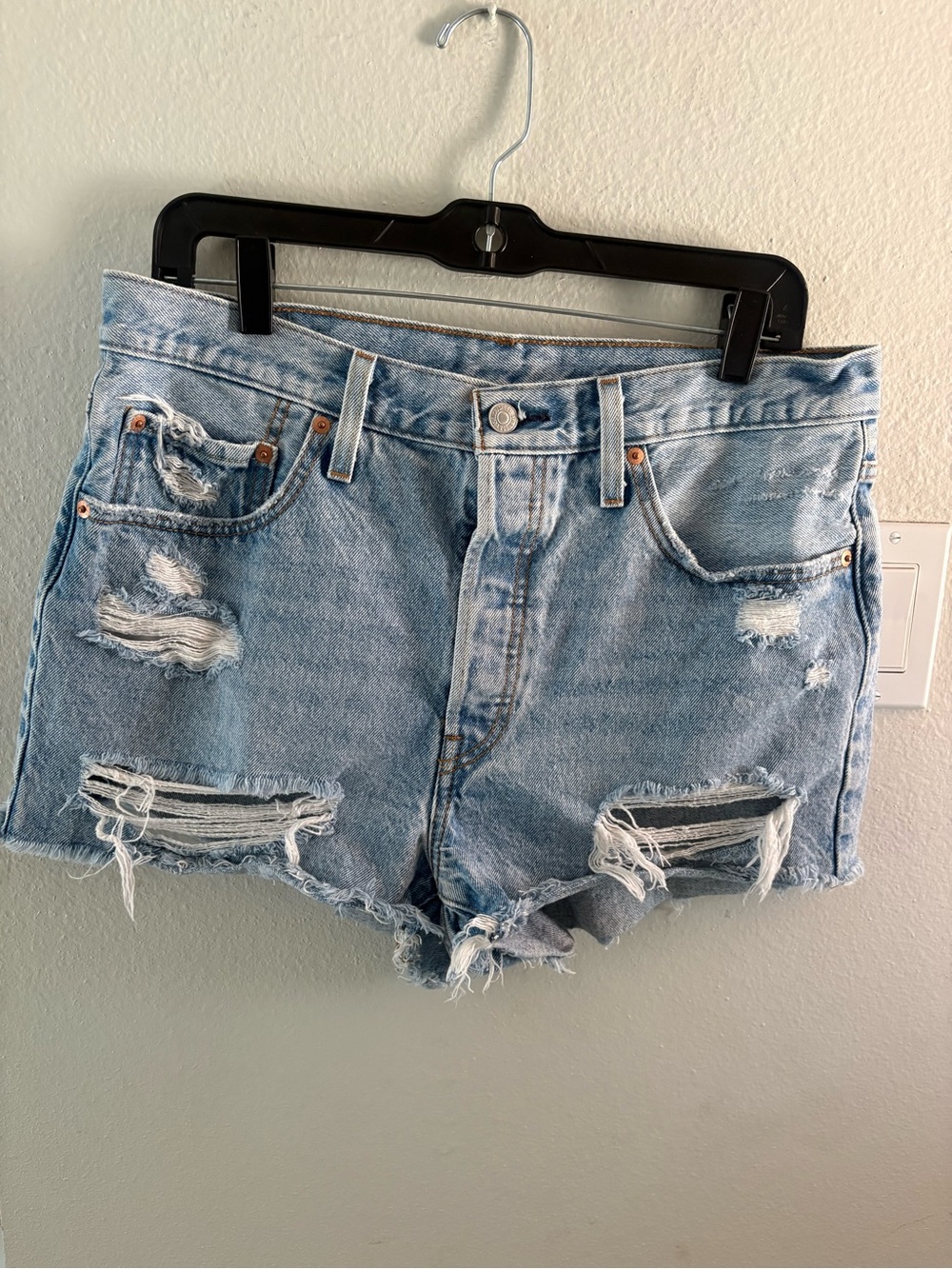 Levi's 501 Light Blue Distressed Denim Cutoff Shorts - Picture 3 of 11